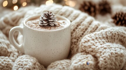 Cozy winter delight a creamy beverage with a pinecone topper surrounded by soft knits and warm lights