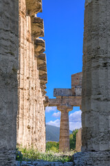 Temple of Atena at Paestum in Italy: detail of the Doric columns.
