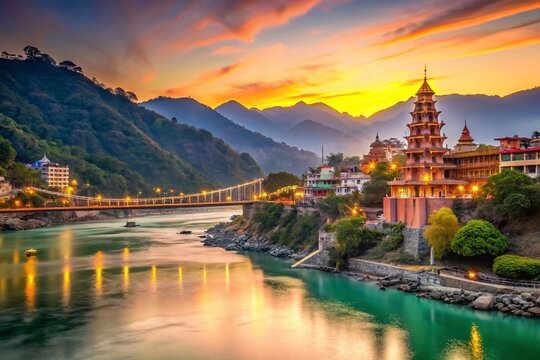 Stunning Sunset Over Ganga River Embankment with Lakshman Jhula Bridge and Tera Manzil Temple in Rishikesh,