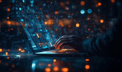 Contemplative Programmer at Night Developing Software Code on Laptop with Abstract Data Graphics, Business and Technology Concepts, Generative AI