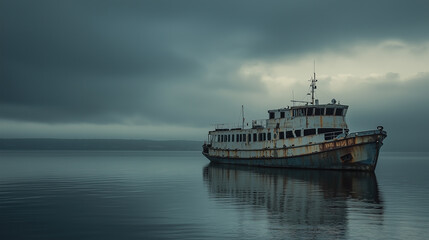 Fototapeta premium calm sea with a gloomy atmosphere, featuring a large abandoned tourist ship drifting on the water 
