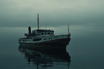 calm sea with a gloomy atmosphere, featuring a large abandoned tourist ship drifting on the water 