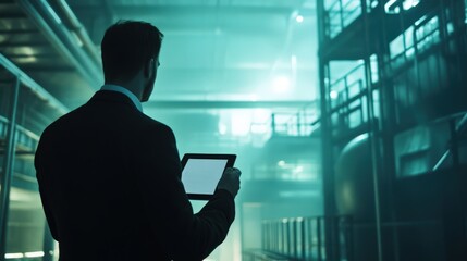 Fototapeta premium A man in a suit is holding a tablet in a dimly lit industrial setting