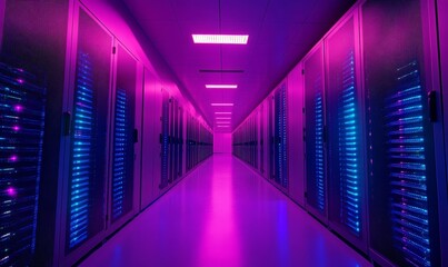 Fototapeta premium Futuristic Data Storage Corridor with Blue and Purple LED Lighting for Internet Cloud Services in High Speed Computing Servers Facility, Generative AI