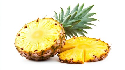 A sliced pineapple with juicy, yellow flesh, set against a white background, showcasing its refreshing and sweet qualities.