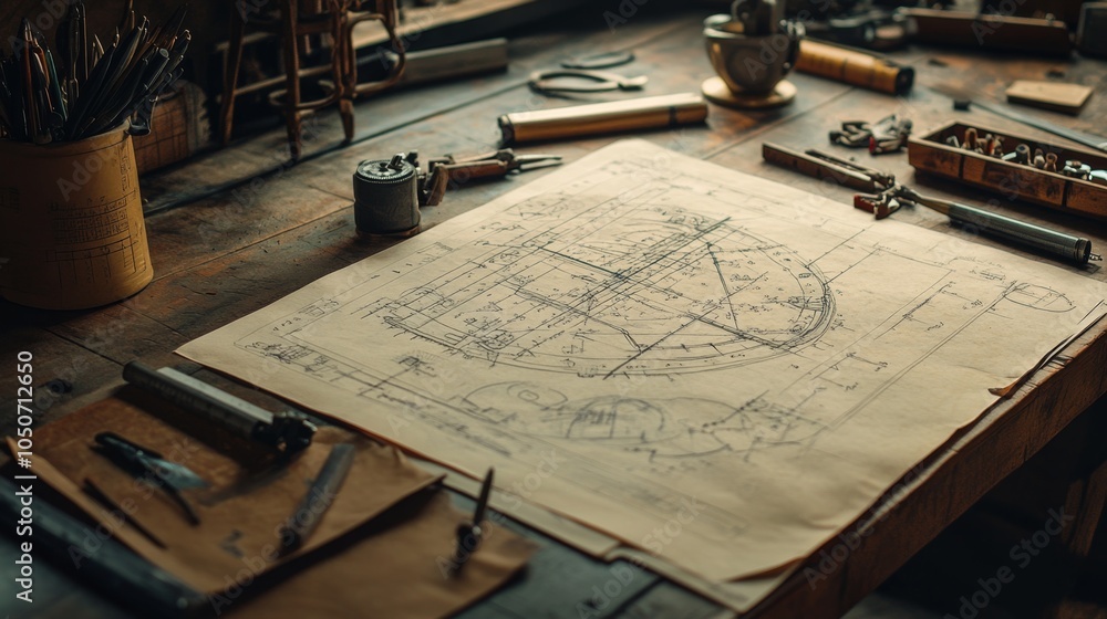 Poster exploring the art of drafting a creative workspace with architectural blueprints and tools