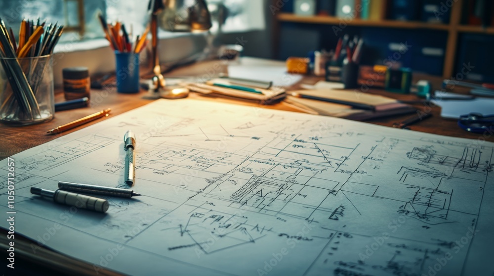 Poster detailed engineering plans and drafts showcasing technical precision and creativity in design proces