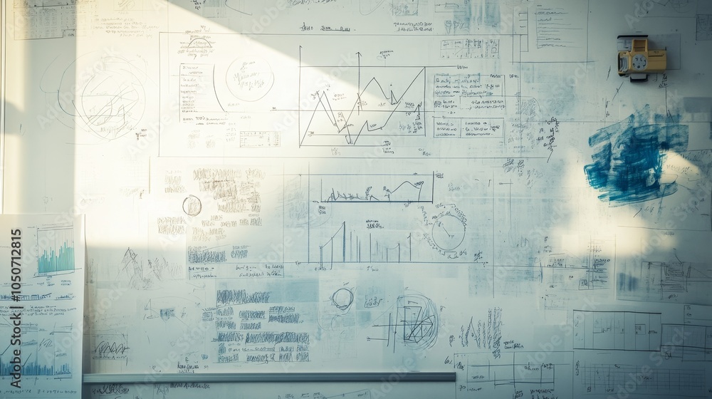Poster innovative whiteboard explorations visualizing concepts through charts and diagrams in a creative wo