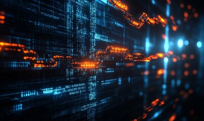 Obraz premium Futuristic Blockchain Concept Highlighting Document Integrity and Authenticity with AI, Illuminated Digital Chains in Abstract Cyber Background, Generative AI