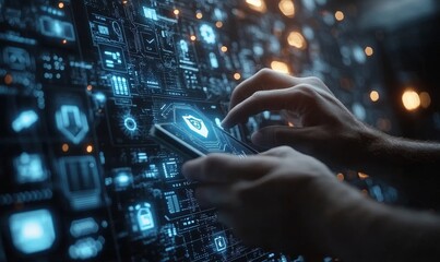 Man Using Mobile Device Selecting Security Icon on Futuristic Digital Interface, Emphasizing Cybersecurity, User Privacy, Secure Internet Access, Encryption, Future Technology, and, Generative AI