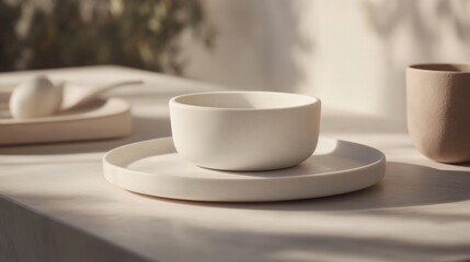 Fototapeta premium Minimalist ceramic bowl and plate set on a sunlit table, AI