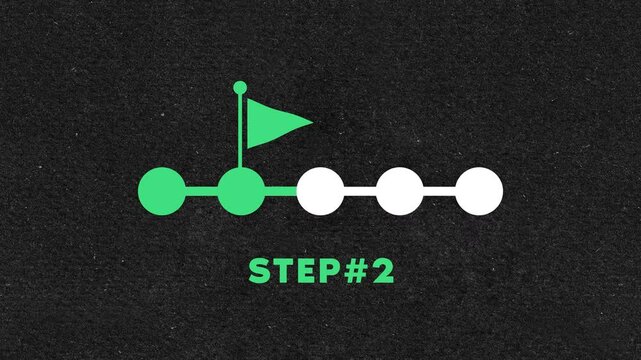 5 steps work process line animation. Step by step organization on dark scratch background. Animated flag icon. 4K animated video.