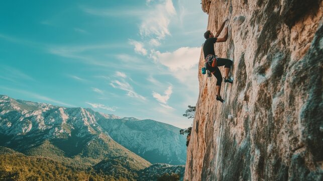 Challenging heights a rock climber's adventure amidst breathtaking nature and majestic mountains