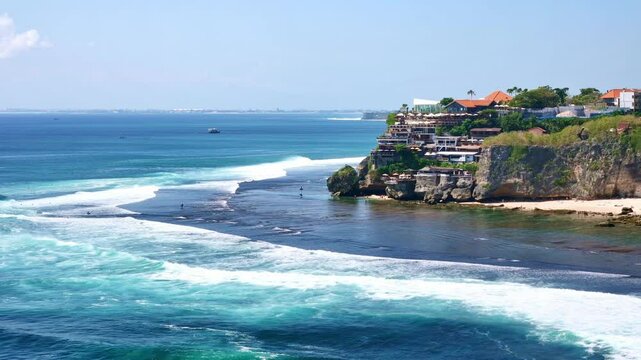 Aerial view of Uluwatu Bali landscape coast. Indonesia tourism travel destination. Bukit Peninsula, Badung Regency, Indonesia. 