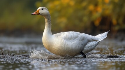 A white goose with an orange beak walks through shallow water with splashes behind it.