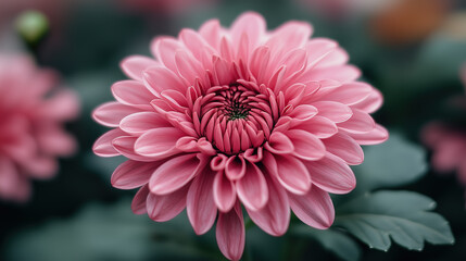 Close-up photo of a pink chrysanthemum flower, with a soft focus, green leaves, and a blurry background 