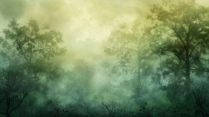 A forest with trees and a misty sky