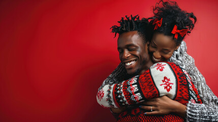 Affectionate African American couple embracing in winter clothes, sharing a joyful moment against a red background.