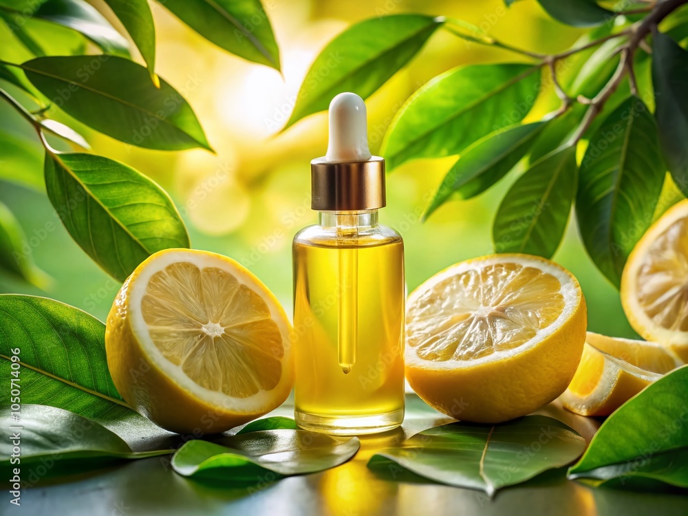 Aufkleber surreal abstract art of lemon serum bottle with dropper on lemon slices in minimalist sunlit setting