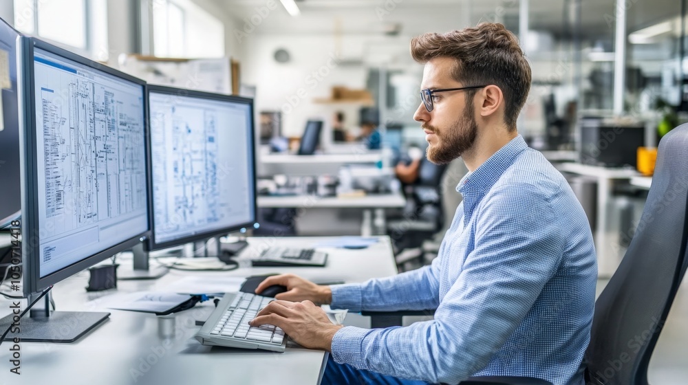 Poster focused computer engineer analyzing complex diagrams on dual monitors in modern office environment