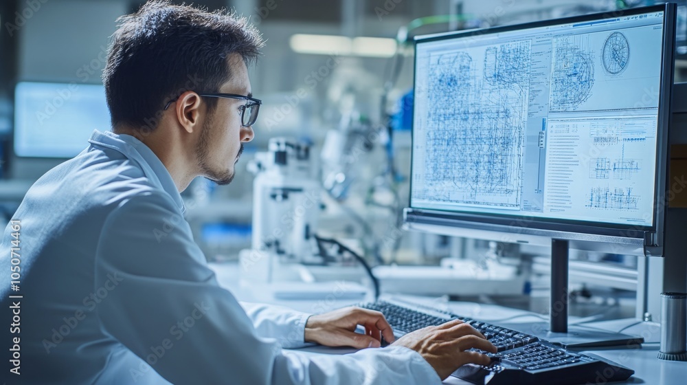 Poster innovative scientist analyzing complex data on a computer in a modern laboratory environment