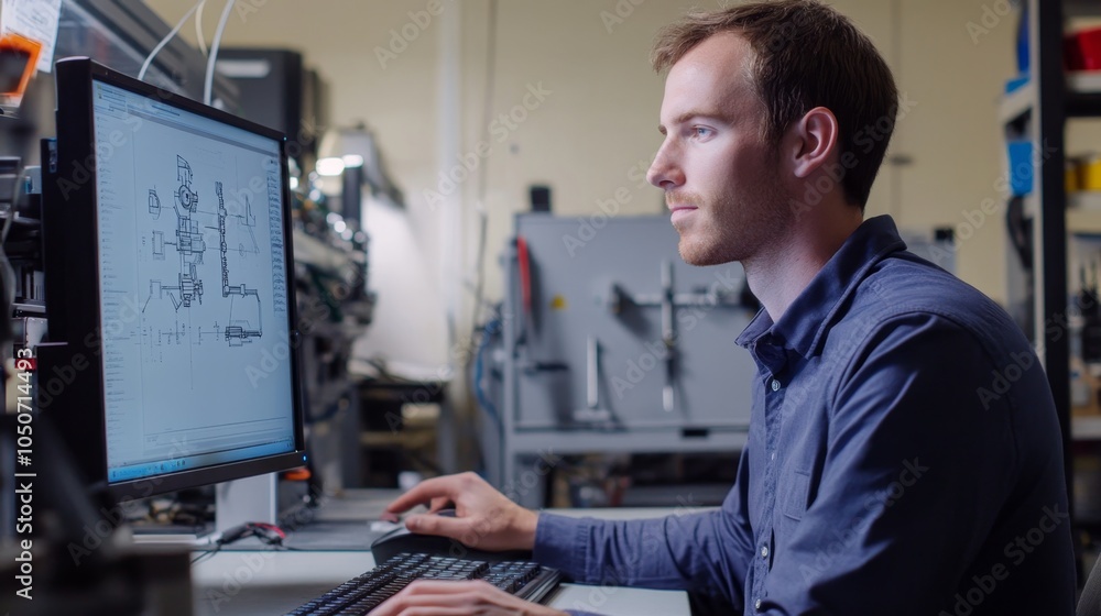 Poster focused engineer analyzing technical schematics on computer in industrial environment