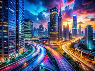 Fototapeta premium Surreal Cityscape at Night: Traffic Illuminates Urban Jungle