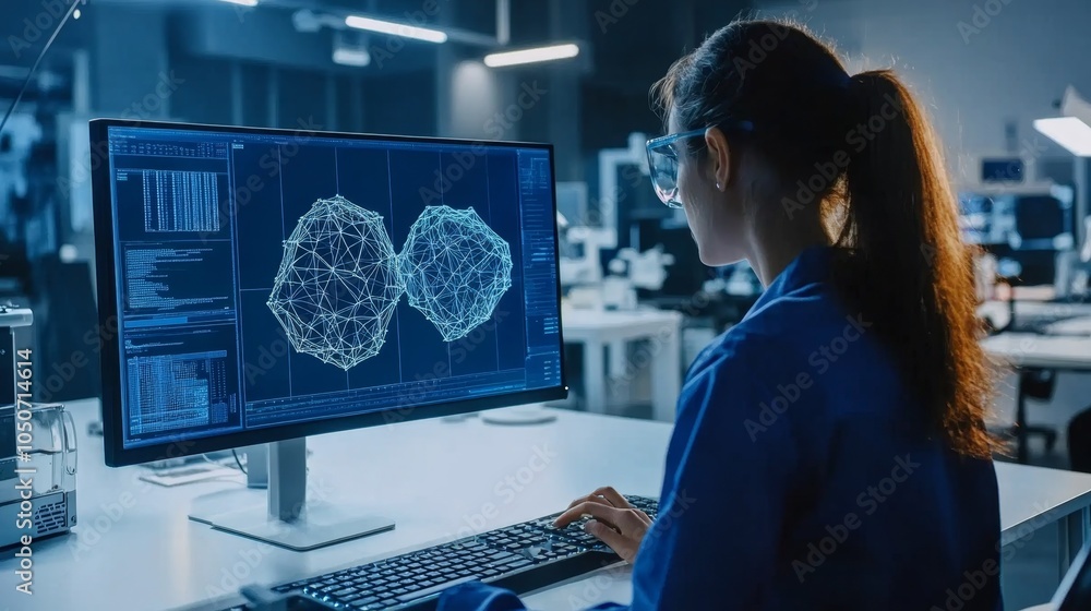 Poster innovative data visualization a woman analyzing complex graphs on a computer screen in a modern work