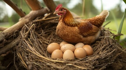A charming hen nesting amidst fresh eggs in a serene natural setting