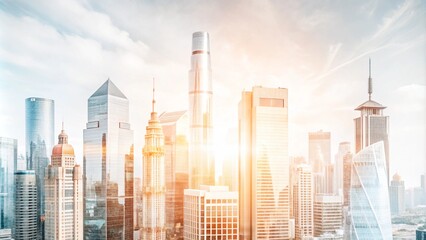 Fototapeta premium Modern cityscape skyline with skyscrapers and sun flare.