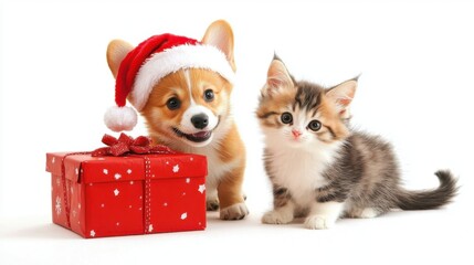 Festive Corgi and Kitten with Santa Hats