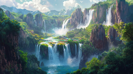 Landscape of a river waterfall with beautiful natural scenery. illustration style 