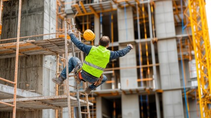 Accident involving a construction worker on a scaffold in front of a building.