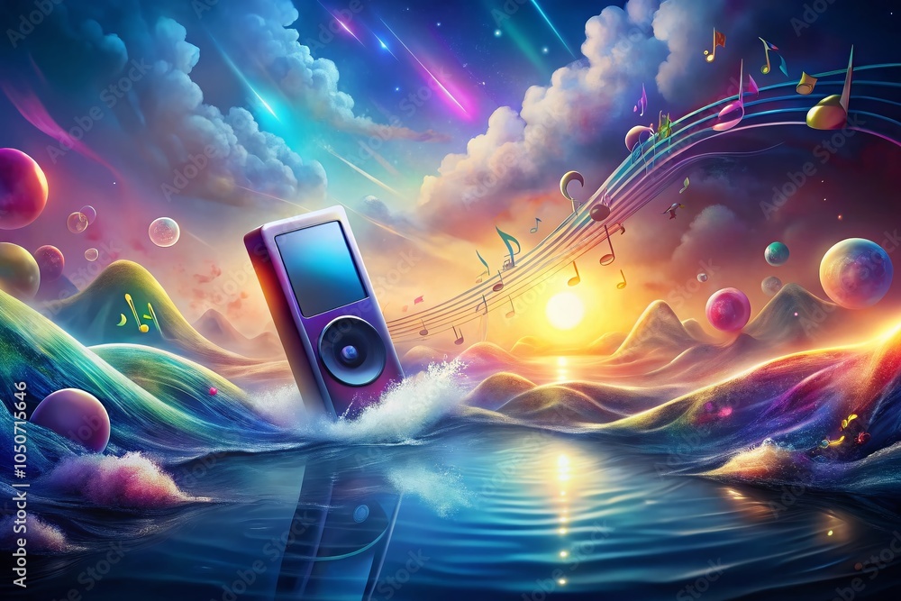 Poster surreal mp3 player dreamscape with floating notes and abstract waves