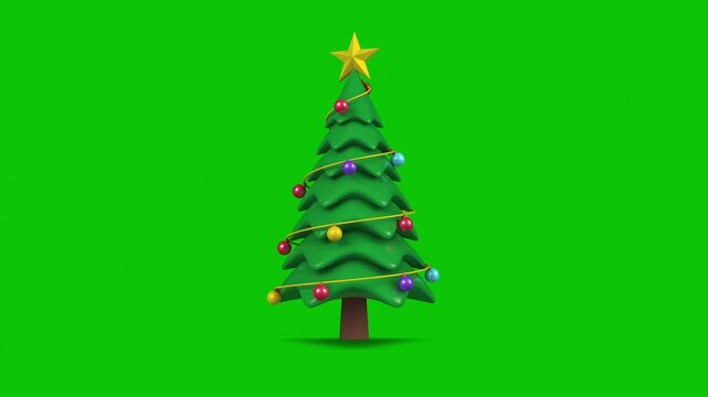 3D Cartoon Christmas tree with ornaments rotating around on green screen background, Looping animation.