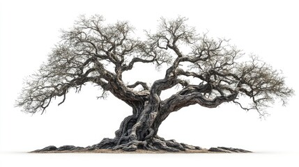 Fototapeta premium An ancient tree with sprawling branches and a weathered trunk, isolated on a bright white background, showcasing its timeless presence.