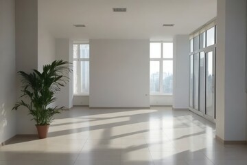 empty white room with large windows and a potted plant