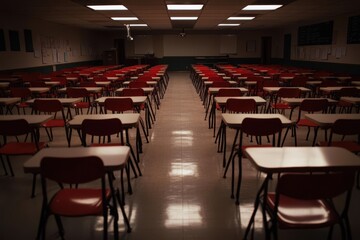 Fototapeta premium a classroom with empty desks and chairs