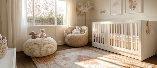 A cozy nursery with a white crib, a plush armchair, and a fluffy ottoman.