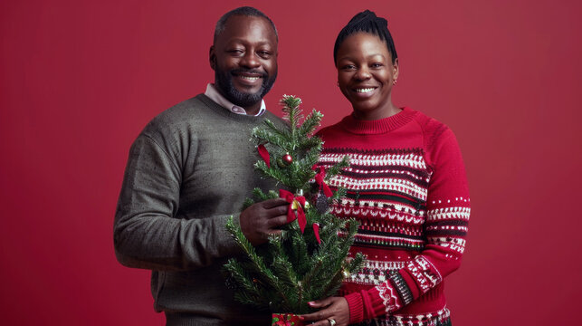 African American couple celebrating Christmas, holding a small decorated tree. - Powered by Adobe