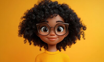 Smiling African Cartoon Teen Girl with Curly Hair and Glasses in 3D Style, Happy and Cute Character in Light Background, Generative AI