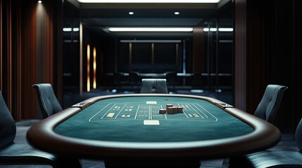 An untouched poker table with perfectly arranged chips and cards in an empty casino, the silence suggesting a pause in the action.