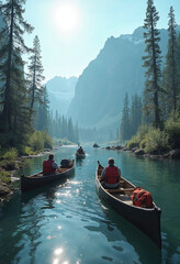 Fototapeta premium Adventurers canoe on a tranquil lake, surrounded by nature's beauty.