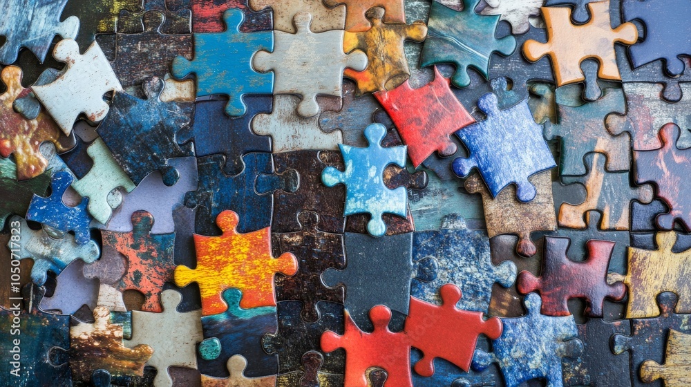 Poster a collage of puzzle pieces in varied shapes and textures fitting together seamlessly, representing t