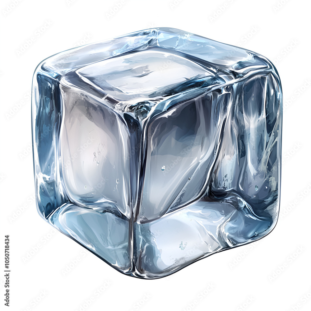 Poster a clear ice cube resting on a flat surface, reflecting light and showcasing its smooth edges and glo