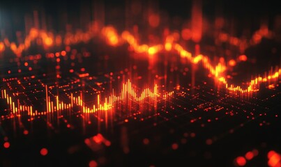 Abstract Forex Trading Chart with Glowing Red and Orange Lines on Dark Background Depicting Market Trends and Analytics at Night, Illuminated Finance Data Visualization for Investment, Generative AI
