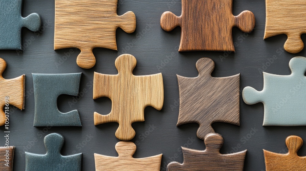 Poster a collage of puzzle pieces in varied shapes and textures fitting together, representing the collecti