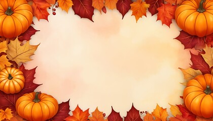 Fototapeta premium Background design framed with warm autumn leaves in shades of red, orange, and yellow, adorned with orange pumpkins at the bottom right and left corners. There’s a transparent area in the center, read