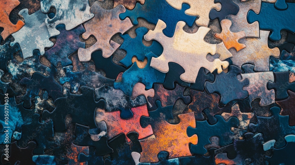 Poster a collage of puzzle pieces in varied shapes and textures fitting together, representing the collecti