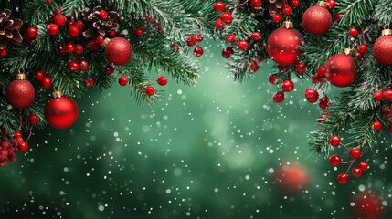 Festive red ornaments and snowy green background for a joyous holiday celebration